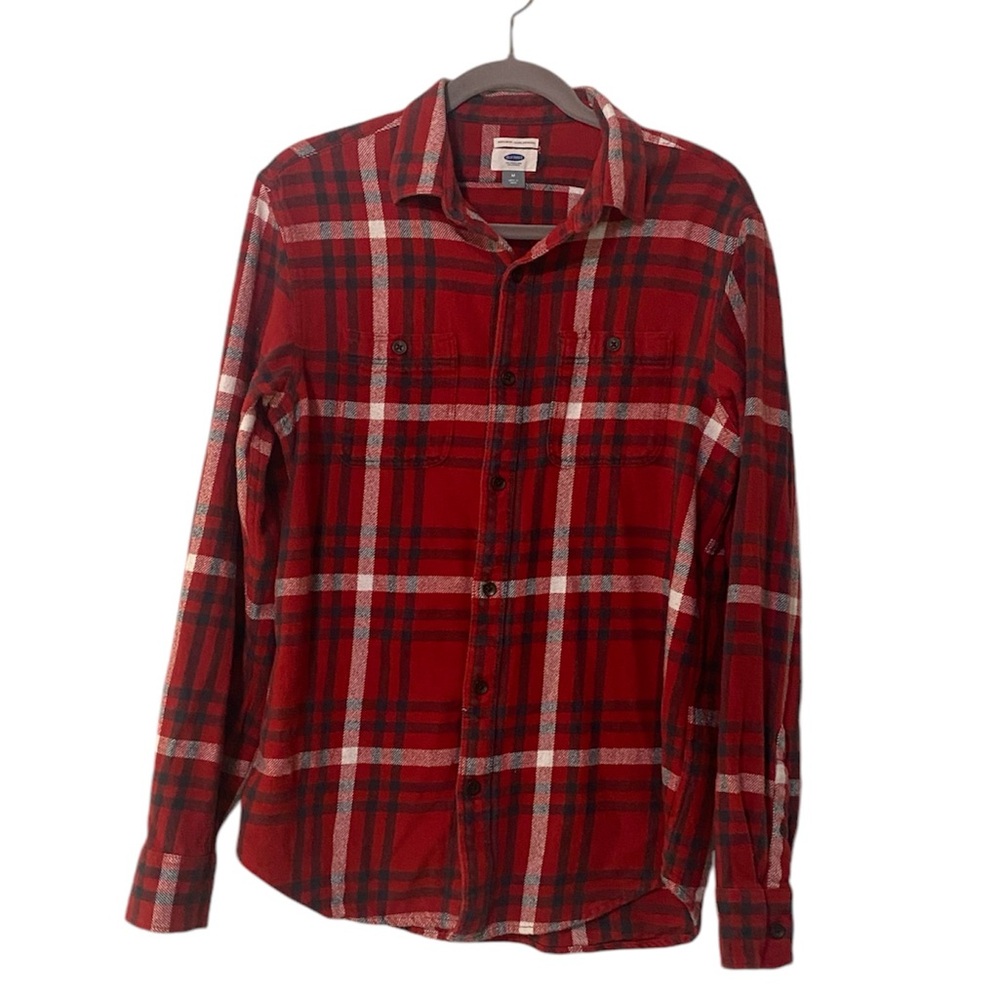Old Navy Men’s Button Down Long Sleeves Plaid Flannel Reg Fit Red Blue White Med